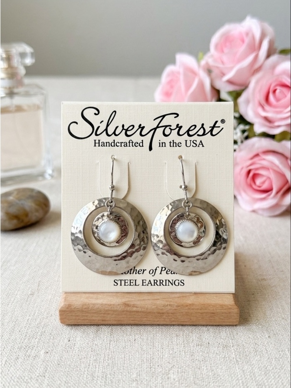 Silver Forest Silver Hammered Hoop Earrings with Pearlescent Center
